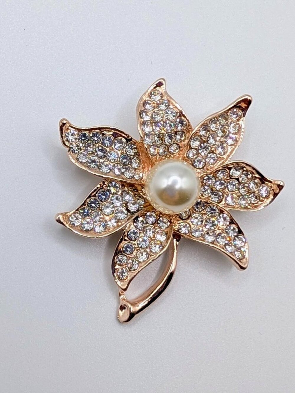 Floral-Themed Brooch - Simulated Pearl - Rhinestones - Rose Gold - NWOT